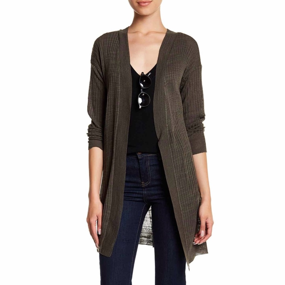 🎀5/$25 Susina Charcoal Olive Sheer Ribbed Open Front Longline Cardigan size XS P